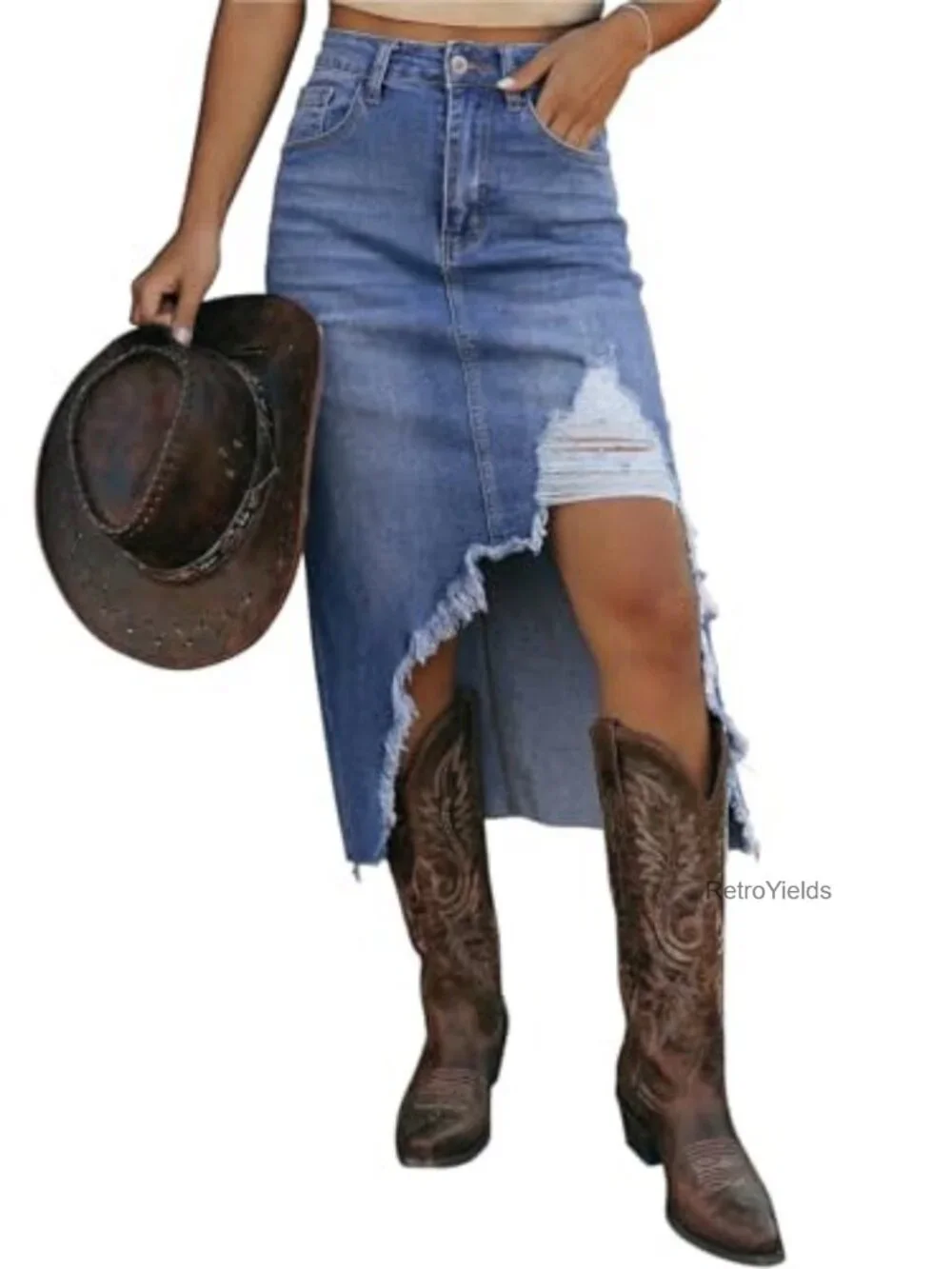 High Waisted Distressed Midi Denim Skirt with Side Slit